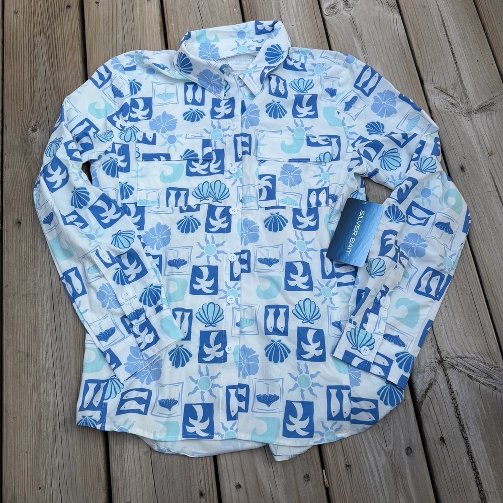 Silver Bait Womens S Fishing Shirt NWT Blue Nautical Vented Long Sleeve UPF 50